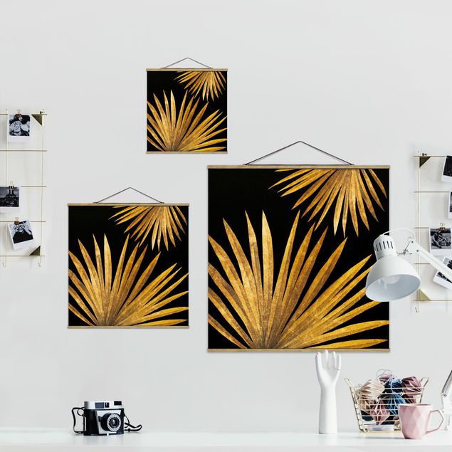 Quadro su tessuto con stecche per poster - Gold - Palm Leaf On Black - Quadrato 1:1