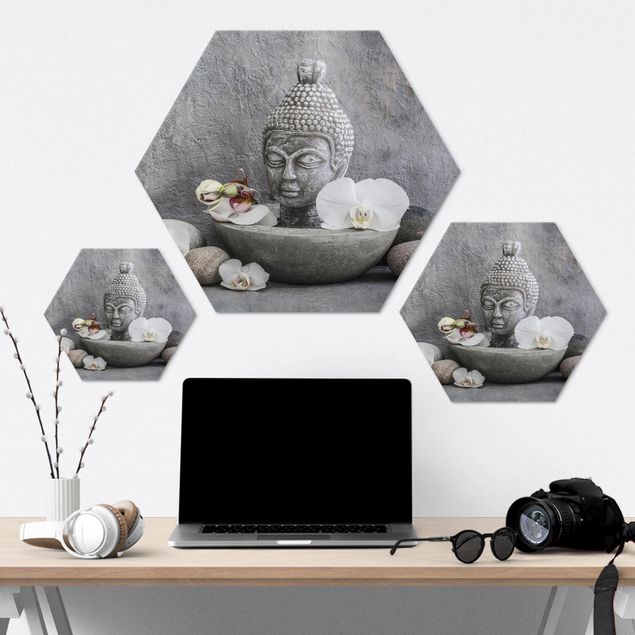 Quadri esagonali Buddha Zen, orchidea e pietra