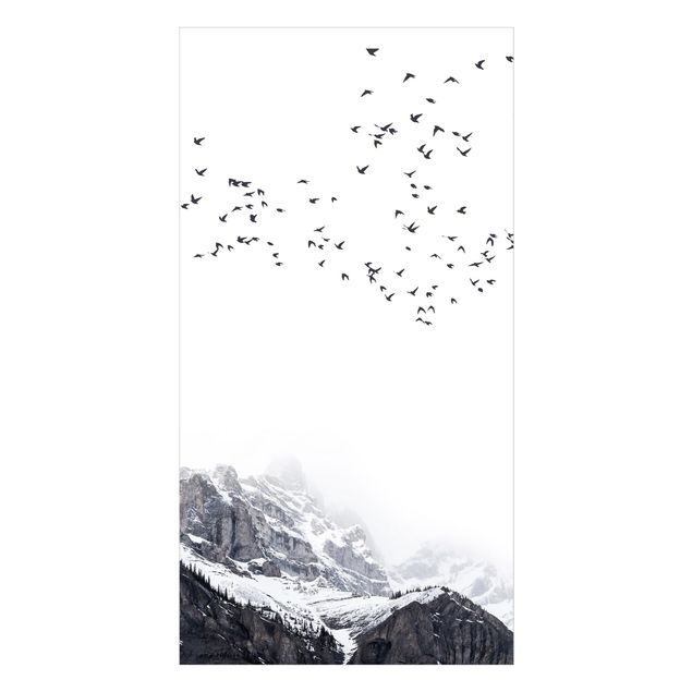 Rivestimento per doccia - Stormo di uccelli davanti a montagne bianco e nero