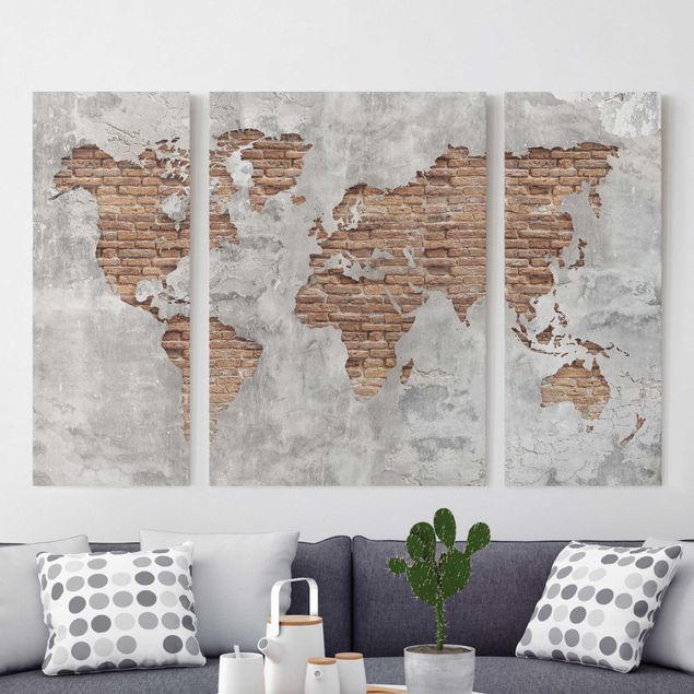 Quadro su tela componibile Mappa del mondo in mattoni e cemento shabby