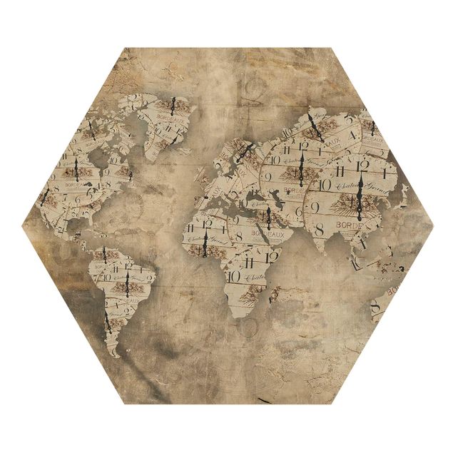 Stampe su legno Orologi Shabby - Mappa del Mondo