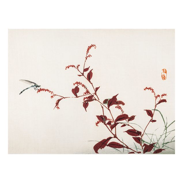 Paraschizzi cucina vetro Disegno vintage asiatico ramo rosso con libellula