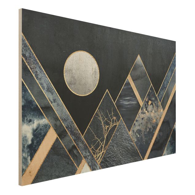 Quadri in legno con disegni Luna d'oro Montagne nere astratte