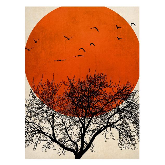 Lavagne magnetiche con paesaggio Stormo di uccelli di fronte al sole rosso II