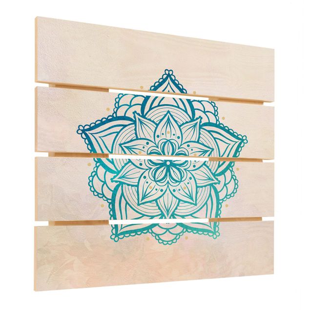 Stampa su legno - Mandala Hamsa mano Lotus Set oro blu - Quadrato 1:1