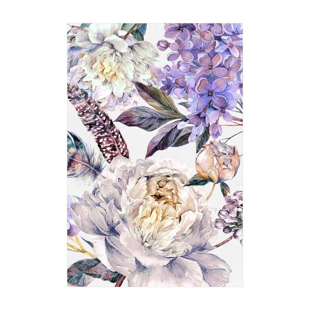 Tappeti con motivi naturali Delicato motivo di fiori e piume Boho in acquerello