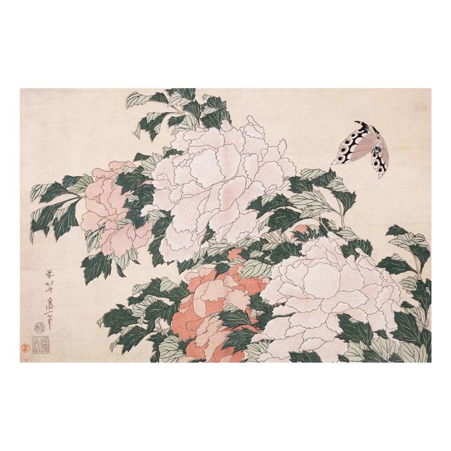 Paraschizzi con riproduzioni Katsushika Hokusai - Peonie rosa con farfalla