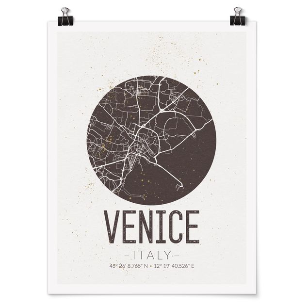 Poster in bianco e nero Mappa di Venezia - Retrò