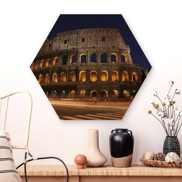 Quadri in legno con architettura e skylines Il Colosseo a Roma di notte