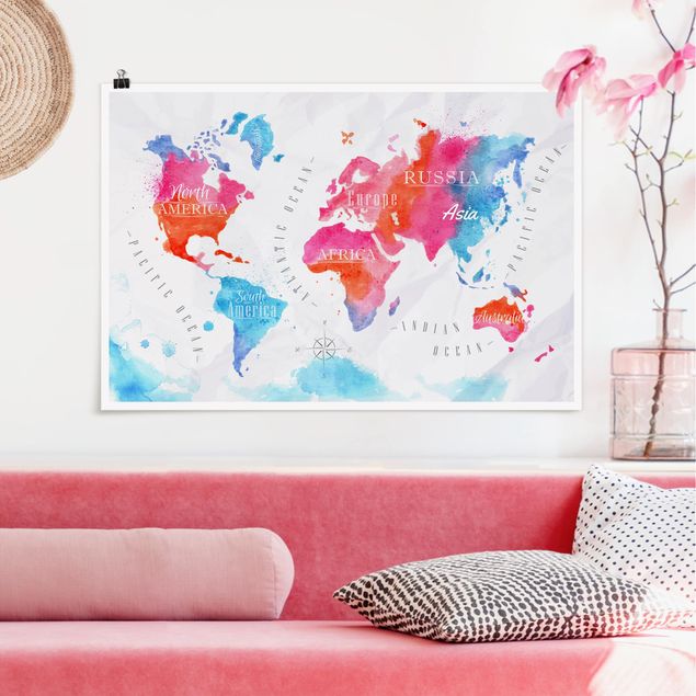 Quadri moderni   Mappa del mondo Acquerello Rosso Blu