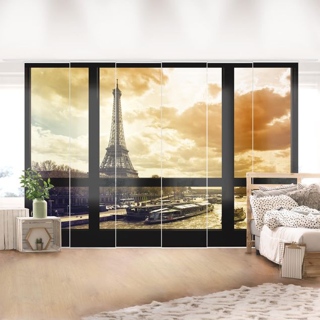 Tende a pannello scorrevoli con architettura e skylines Vista dalla finestra - Parigi Torre Eiffel al tramonto