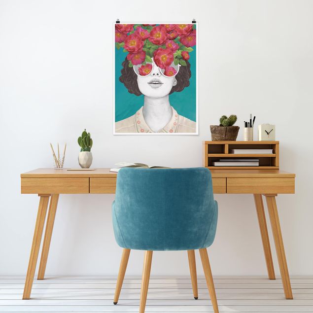 Poster dipinti famosi Illustrazione - Ritratto di Donna - Collage con Fiori Occhiali