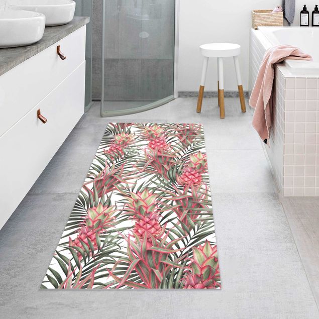 tappeto design moderno Ananas rosso con foglie di palma tropicale
