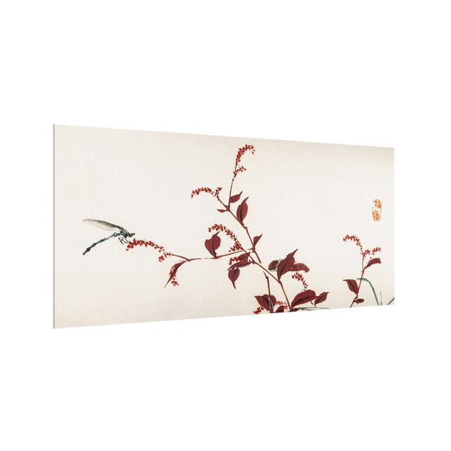 Decorazione cucina Disegno vintage asiatico ramo rosso con libellula