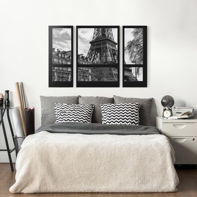 Stampa su tela parigi Window View Paris - Close To The Eiffel Tower In Black And White
