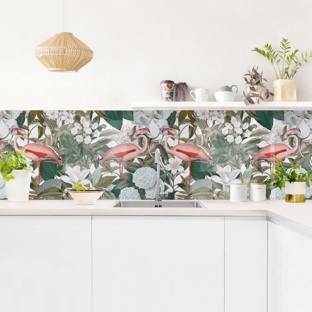 Rivestimenti per cucina con disegni Fenicotteri rosa con foglie e fiori bianchi