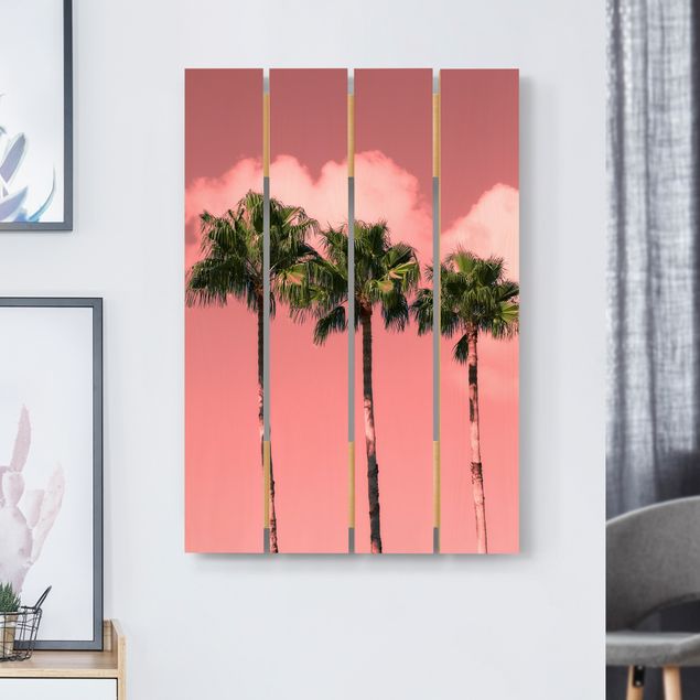 Quadri in legno con paesaggio Palme contro il cielo rosa