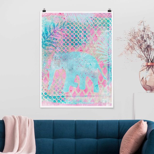 Quadro paesaggio Collage colorato - Elefante in blu e rosa