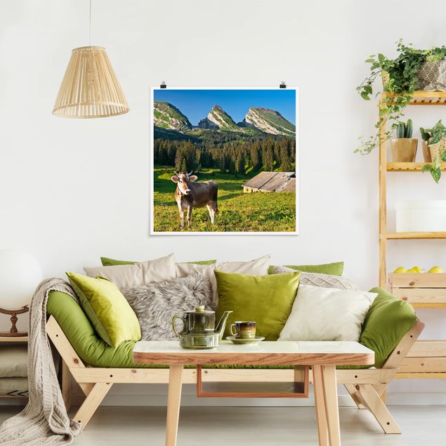 Quadri paesaggistici Prato alpino svizzero con mucca