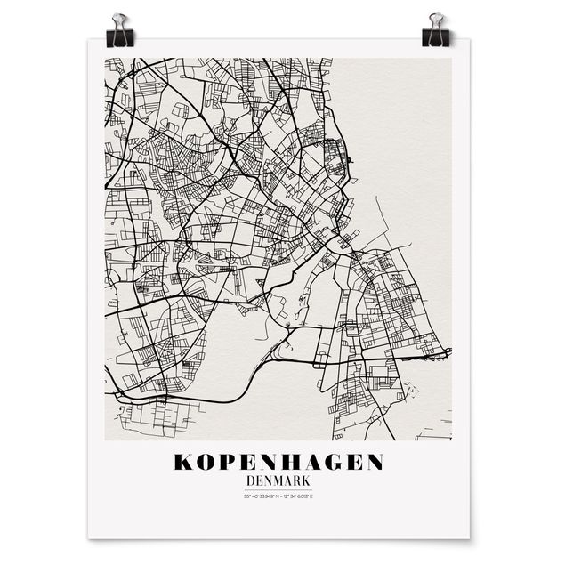 Poster in bianco e nero Mappa di Copenaghen - Classica
