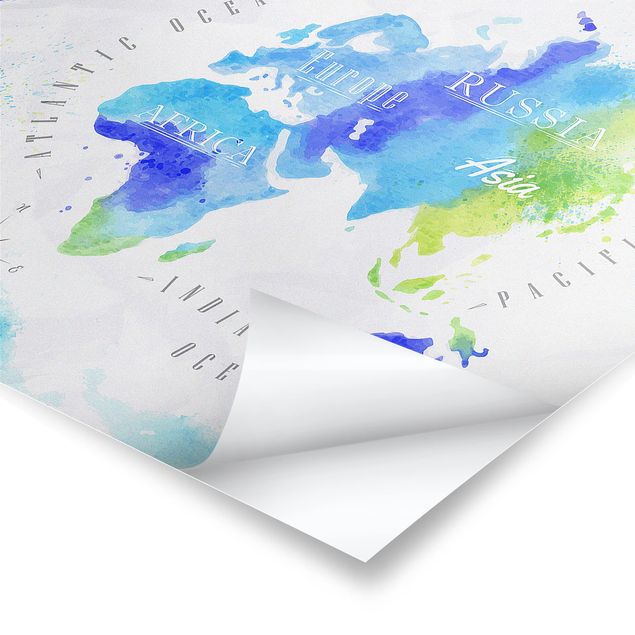 Stampe poster Mappa del mondo Acquerello Blu Verde