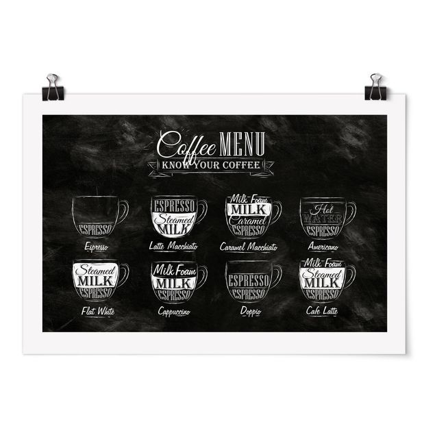 Poster in bianco e nero Lavagna delle varietà di caffè