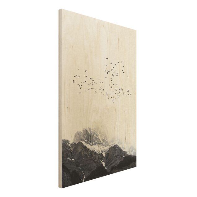 Quadri in legno con paesaggio Stormo di uccelli di fronte alle montagne in bianco e nero