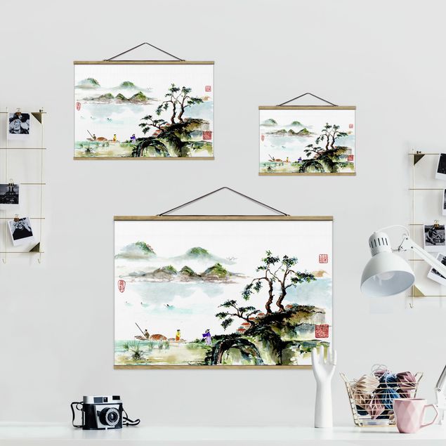 Quadri stampe Disegno giapponese ad acquerello di lago e montagne