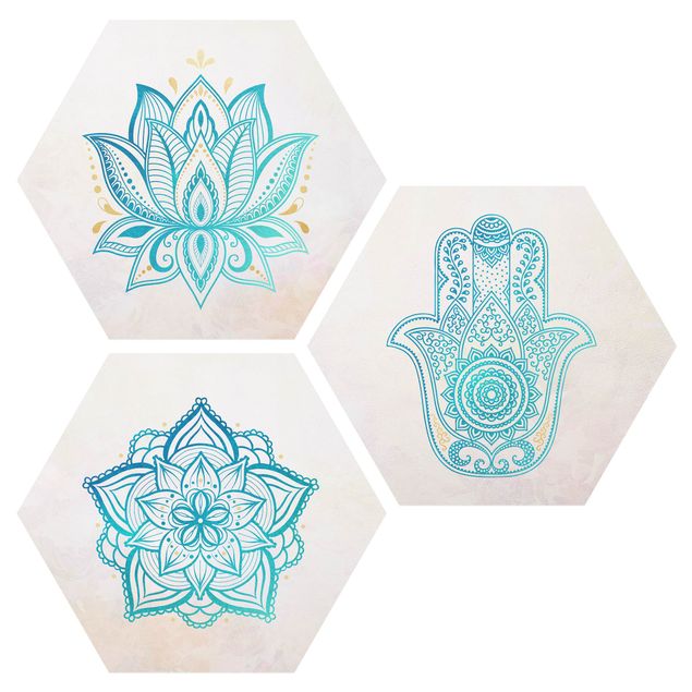 Esagono in Alluminio Dibond - Mandala Hamsa mano Lotus Set oro blu