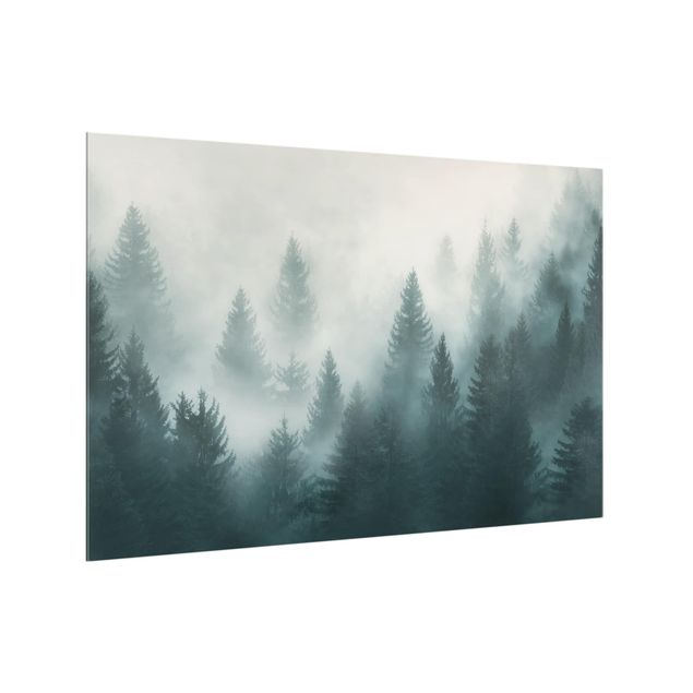 Paraschizzi cucina vetro Foresta di conifere nella nebbia