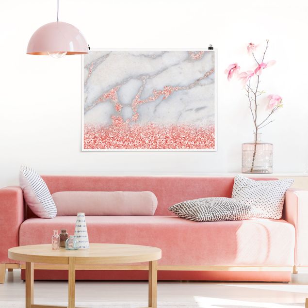 Quadro astratto Effetto marmo con coriandoli rosa