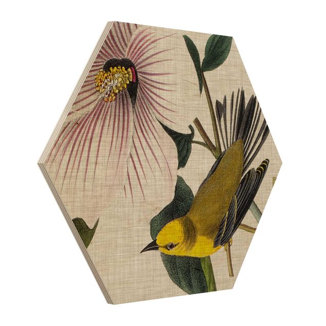 Stampe su legno Uccello su lino giallo I