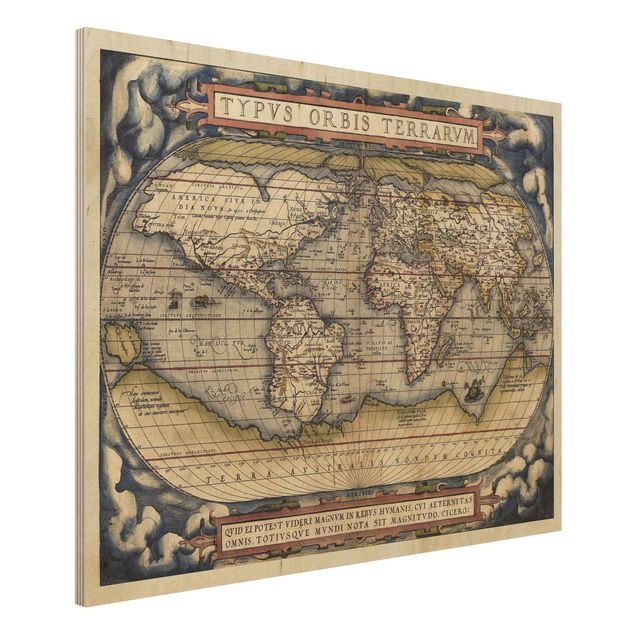 Quadri in legno vintage Mappa del mondo storico Typus Orbis Terrarum
