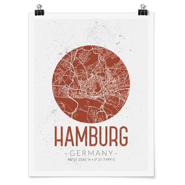 Poster bianco nero Mappa di Amburgo - Retrò