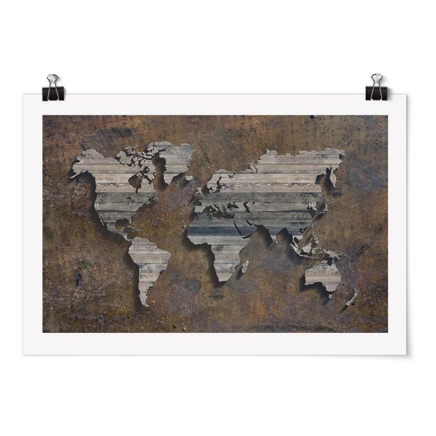 Quadri marroni Mappa del mondo con griglia di legno