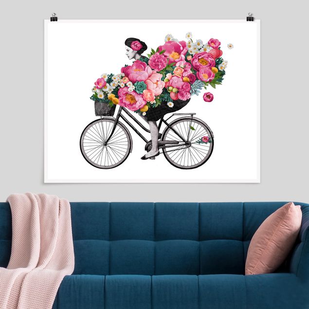 Quadri moderni   Illustrazione - Donna in bicicletta - Collage di fiori colorati