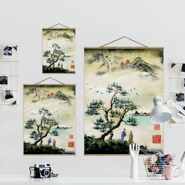 Quadri retro Disegno acquerello giapponese pino e villaggio di montagna