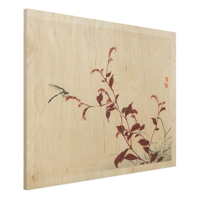 Quadri vintage cucina in legno Disegno vintage asiatico ramo rosso con libellula