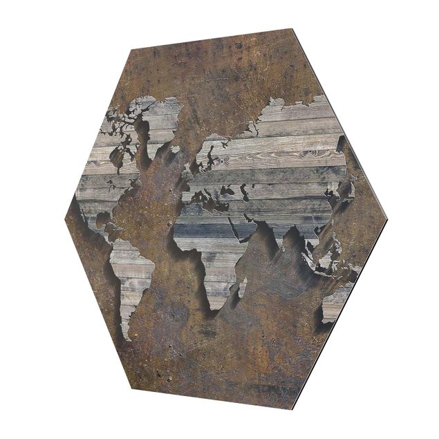 Quadri esagonali Mappa del mondo con griglia di legno
