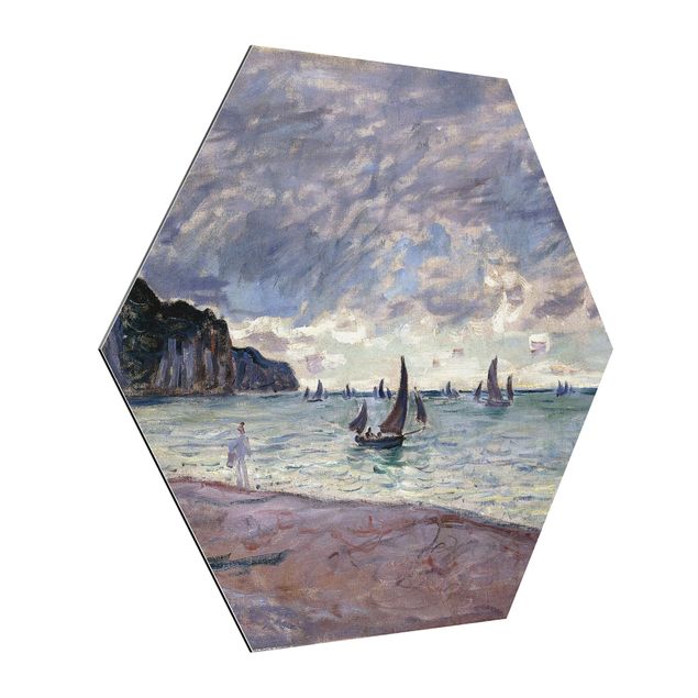 Stile di pittura Claude Monet - Barche da pesca davanti alla spiaggia e alle scogliere di Pourville
