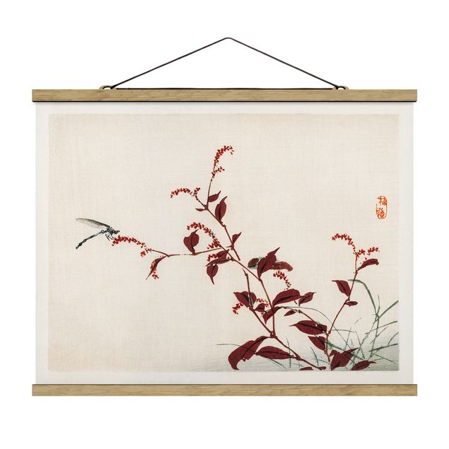 Quadri rossi Disegno vintage asiatico ramo rosso con libellula