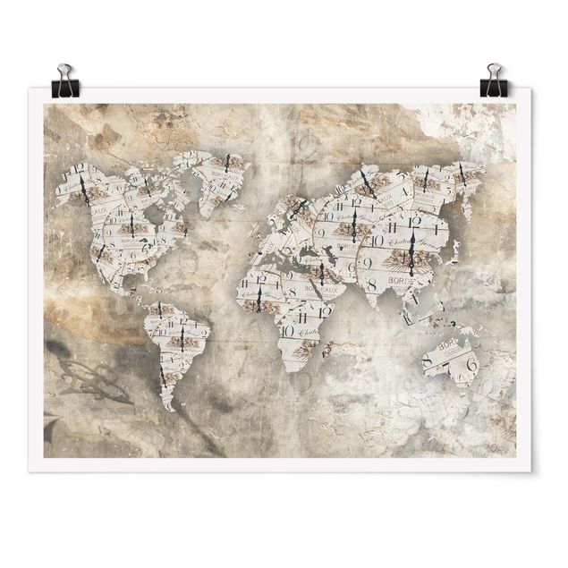 Quadri stampe Orologi Shabby - Mappa del Mondo