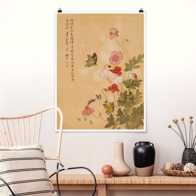 Riproduzioni quadri famosi Yuanyu Ma - Fiore di papavero e farfalla