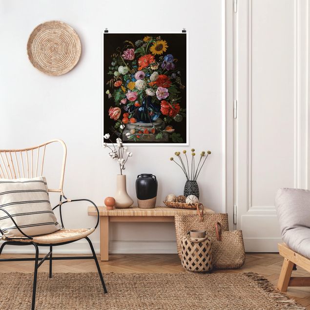 Stile di pittura Jan Davidsz de Heem - Tulipani, un girasole, un'iris e altri fiori in un vaso di vetro sulla base di marmo di una colonna