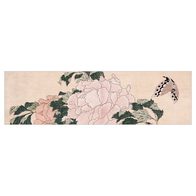 Pellicola adesiva Katsushika Hokusai - Peonie rosa con farfalla