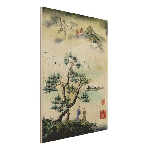 Quadri in legno con paesaggio Disegno acquerello giapponese pino e villaggio di montagna