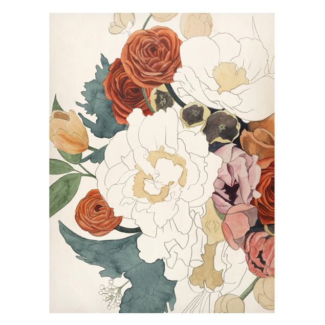Quadro moderno Disegno di bouquet di fiori in rosso e seppia