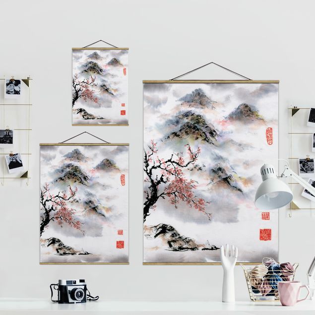 Quadri natura Disegno acquerello giapponese Ciliegio e montagne
