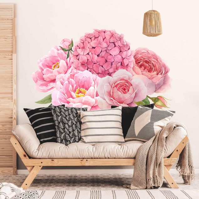 Autocolantes de parede rosas Bouquet di ortensie ad acquerello XXL