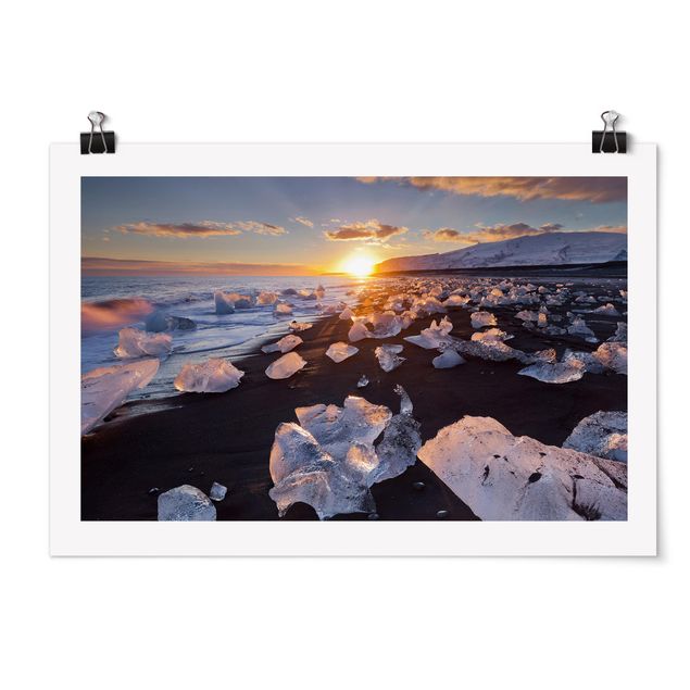 Poster spiaggia mare Pezzi di ghiaccio sulla spiaggia in Islanda